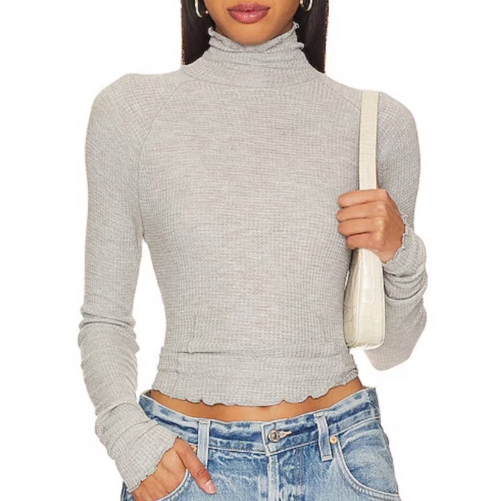 Intimately Free People Gray Make It Easy Mock Neck Lettuce Hem Thermal Top
